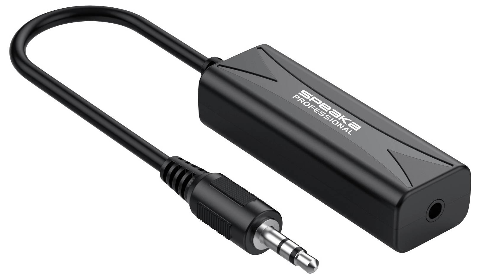 Črni adapter za zvok 3,5 mm z kratkim kablom in vtičem, označen 'SPEAQUA PROFESSIONAL'.