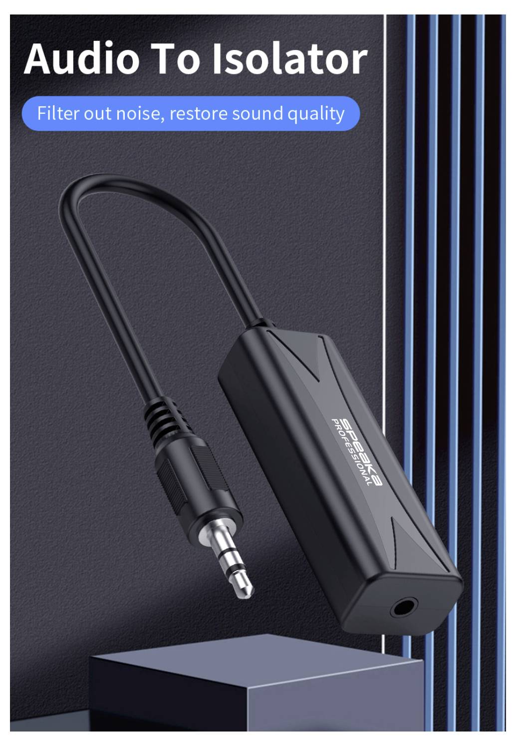 Promocijska slika naprave "Audio to Isolator" s 3,5 mm priključkom, označena "Filtriraj šum, obnovi kakovost zvoka."