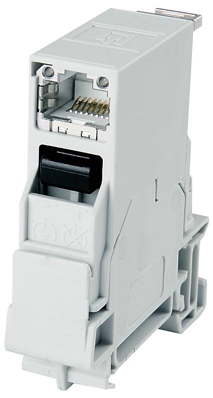 Beli modularen električni priključni blok s prekllapno sprednjim pokrovom in zlatimi kontaktnimi zatiči, prikazan v detajlnem posnetku na enobarvni podlagi.