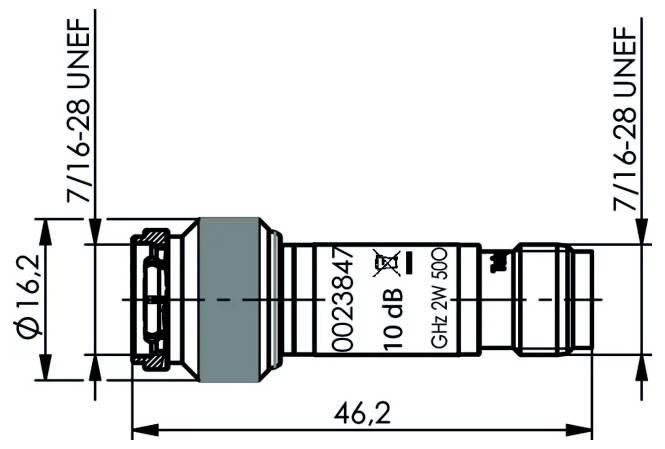 Tehnični risbi cilindričnega povezovalnika s označenimi dimenzijami: dolžina 46,2 mm, premer 16,2 mm in navojи 7/16-28 UNEF.