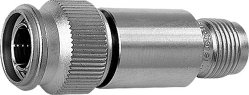 Koaksialni adapter z kovinskim konektorjem s navojem, prikazan v detaljnem pogledu na beli podlagi.