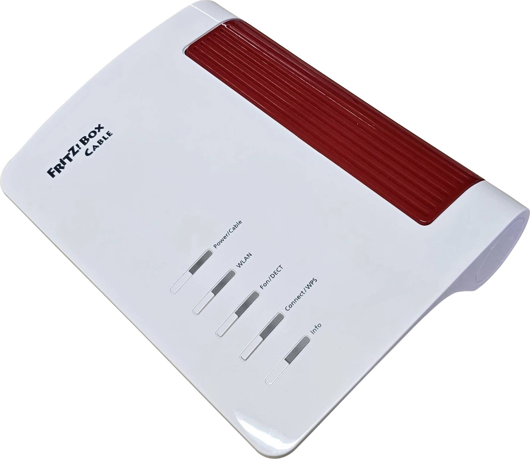 Bel in rdeč Wi-Fi usmerjevalnik z oznako "FRITZ!Box Cable" z indikatorskima lučema za napajanje, WLAN, telefon, LAN in informacije na beige površini.