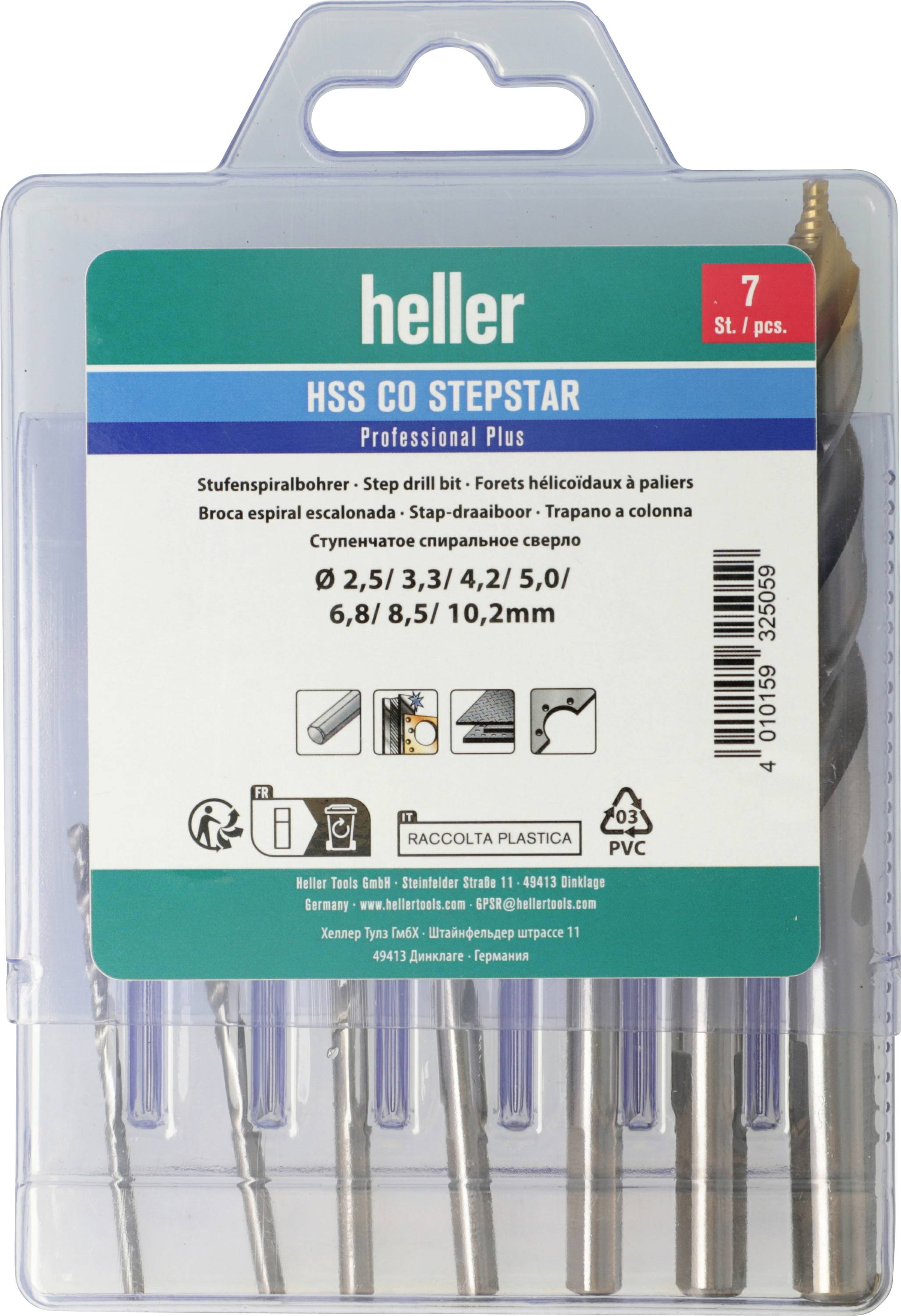 Komplet svedrov 'Heller HSS CO Stepstar Professional Plus' v plastičnem etuju s prikazanimi različnimi velikostmi. Komplet 7 kosov.