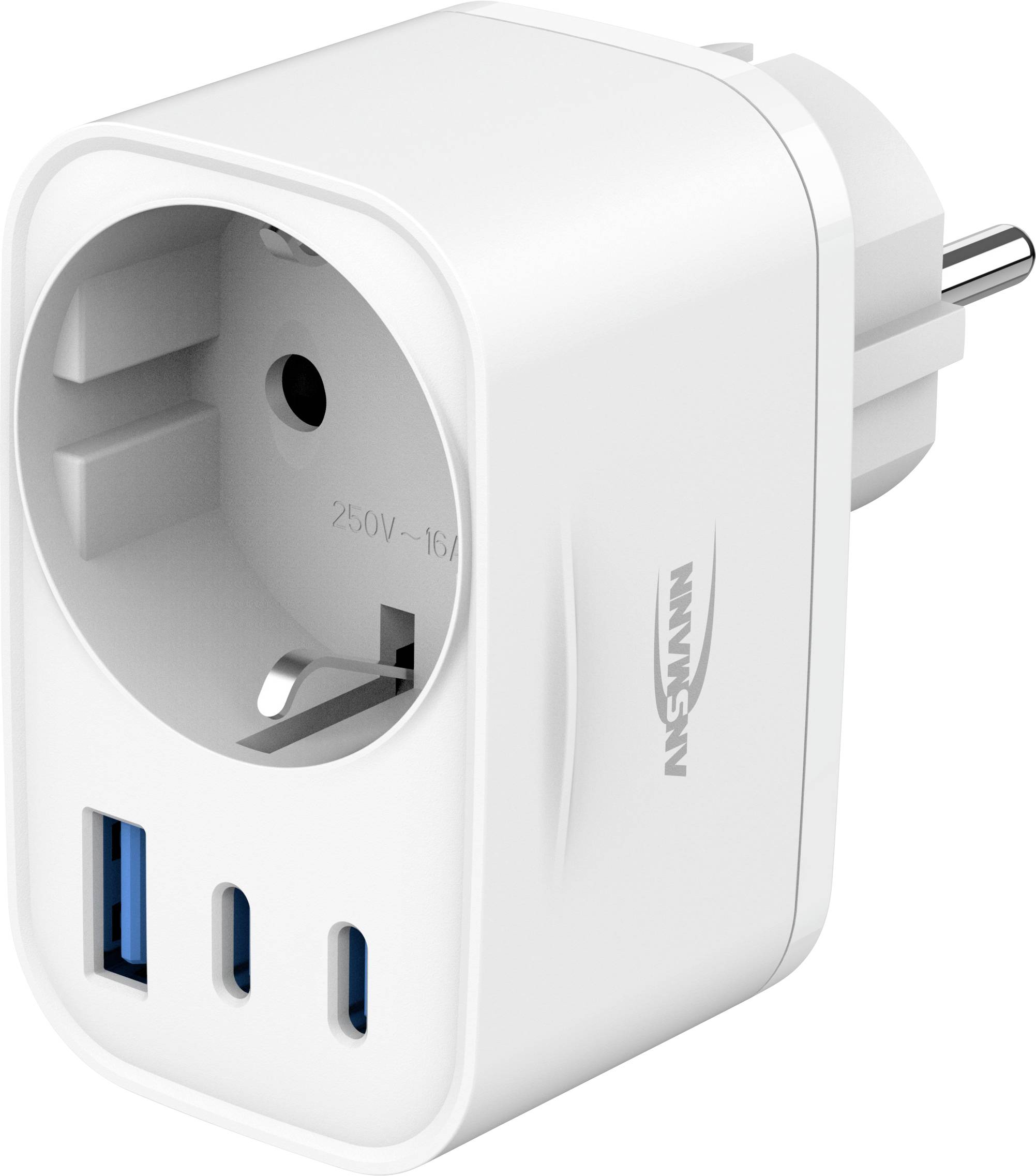 Bel vtični napajalni adapter s Schuko vtičnico in vrati za polnjenje USB-A ter USB-C.