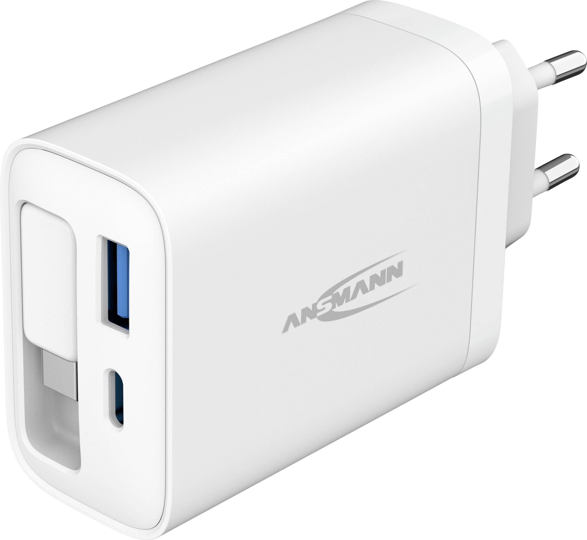 Beli USB naboj za steno z evropskim vtičem in dvema vratoma, enega USB-A in enega USB-C, znamke ANSMANN.