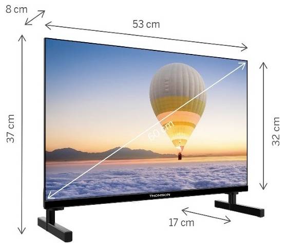 'Dimenzije Thomson TV: 53 cm široka, 37 cm visoka, 8 cm globina. Diagonala zaslona 60 cm. Širina stojala 17 cm, višina zaslona 32 cm.'