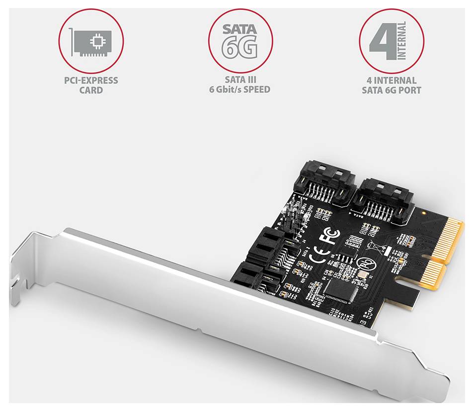 PCI-Express SATA III razširitvena kartica s štirimi notranjimi SATA 6G vrati, prikazana s produktnimi ikoni zgoraj in kartico nagnjeno v kovinskem oklepaju.