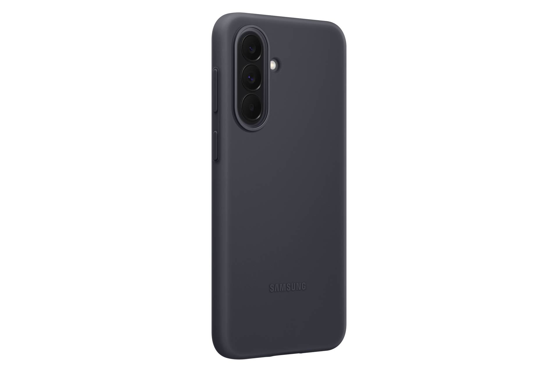 Črni pametni telefon Samsung prikazan z hrbtne strani, s trojnim zadnjim fotoaparatom in mat završkom.