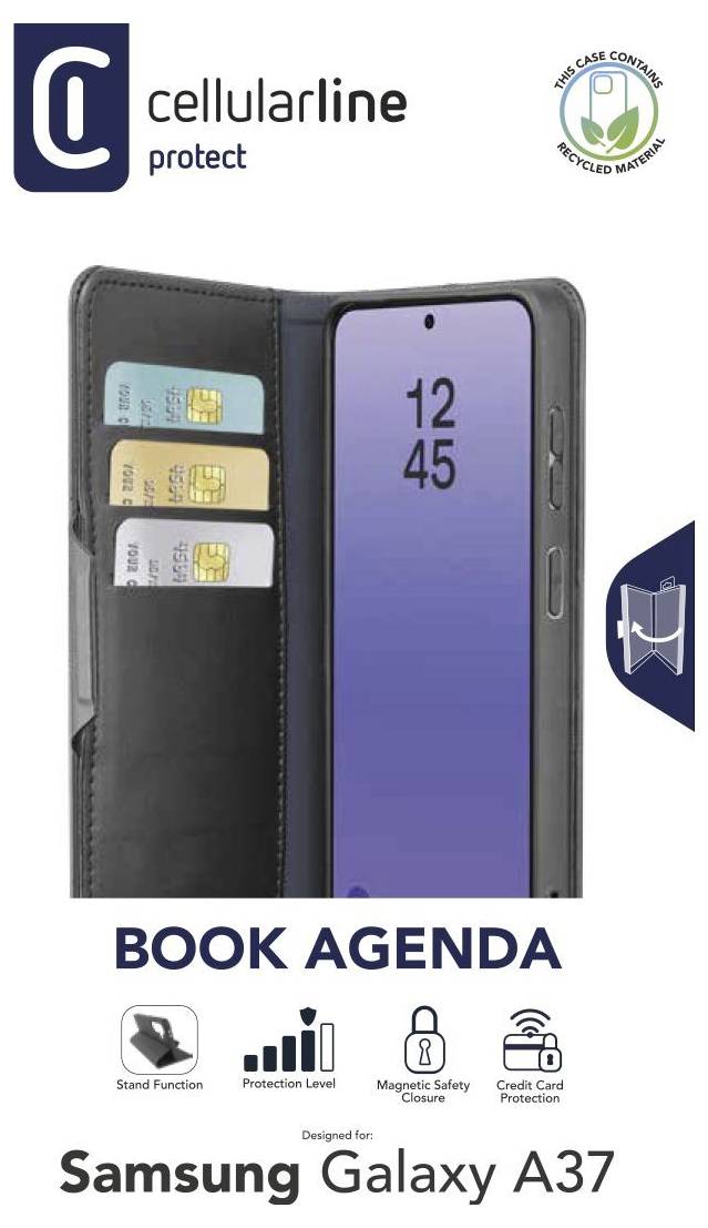 Promocijska slika za Cellularline Protect 'Book Agenda' zaščitni ovitek za telefon Samsung Galaxy A37, ki prikazuje črni torbičasto sloganj s režami za kartice in ikone funkcije stojala.