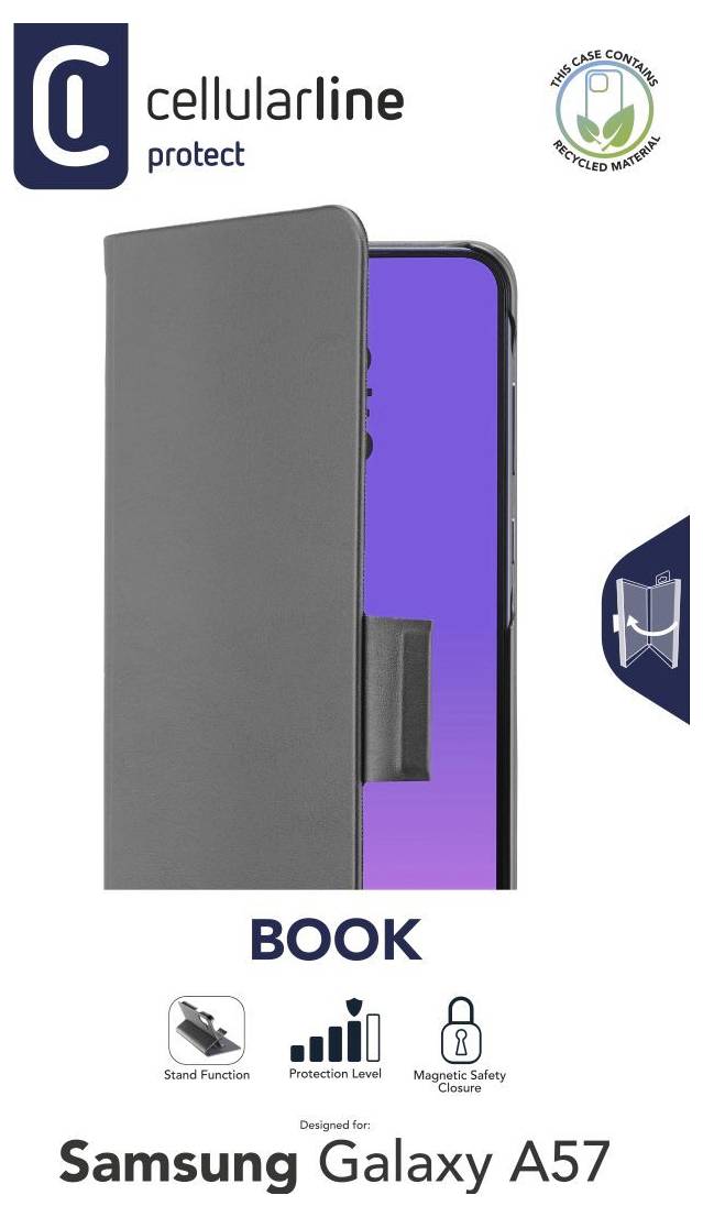Promocijska slika za Cellularline Protect etui v obliki knjige za Samsung Galaxy A57, prikazana odprta na telefonu, z ikonami za stojalo, zaščito in magnetni zapah.
