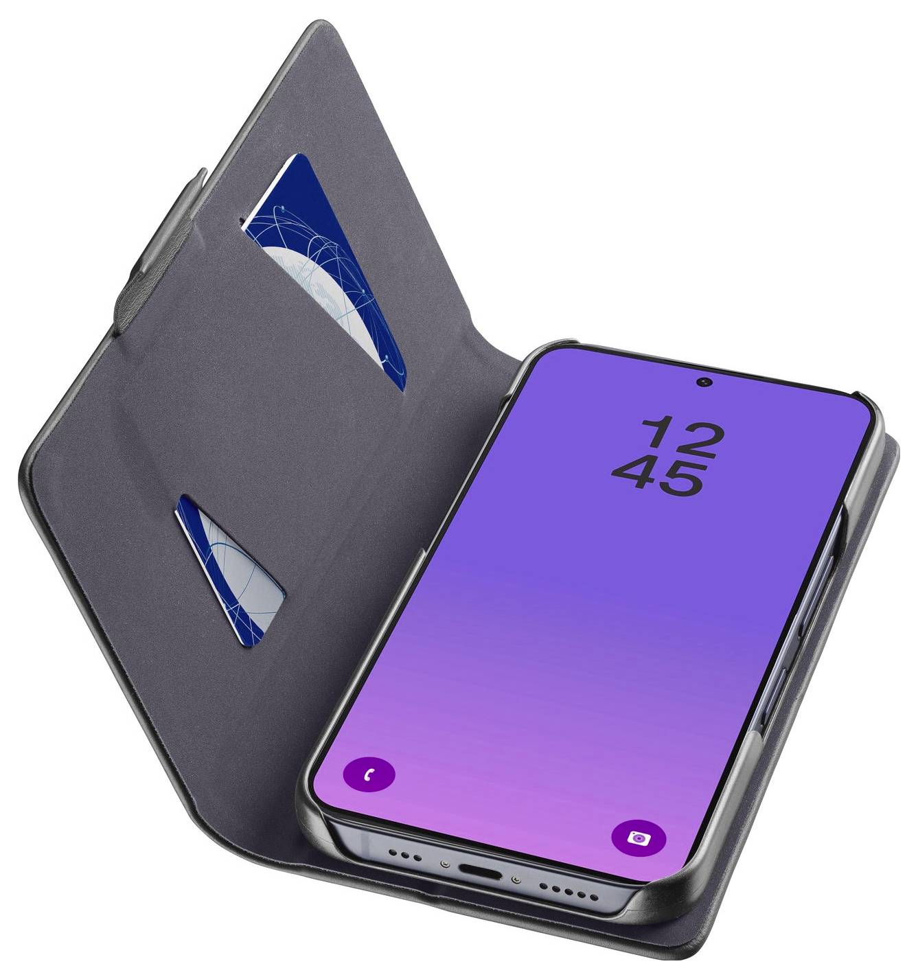 Odprt črn folio etui za telefon, ki prikazuje pametni telefon s škrlatnim gradientom na zaklenjeni ploščadi in časom 12:45, z režami za kartice znotraj ovitka.