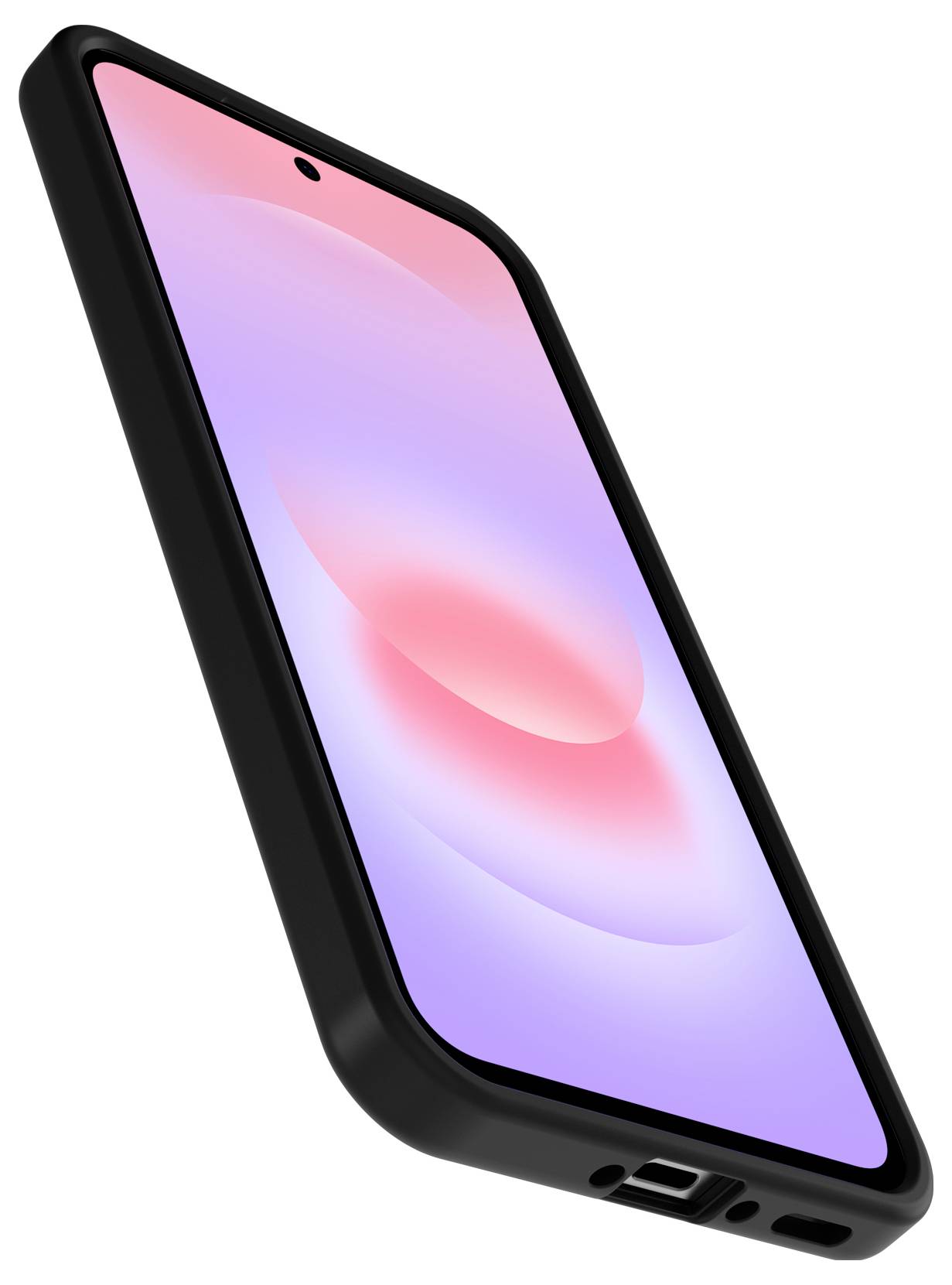 Črni pametni telefon prikazan pod kotom s roza in vijolično zaslono ter vidnim polnilnim vhodom in izrezi za zvočnik.
