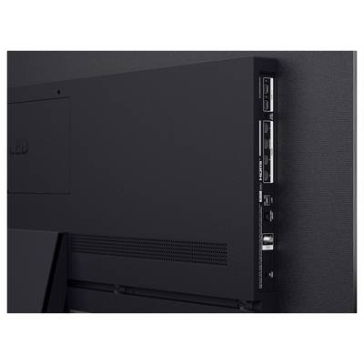 Pogled od zadaj na ploščati televizor, ki prikazuje vhode HDMI, USB in druge vhodne priključke na stranskem panelu.