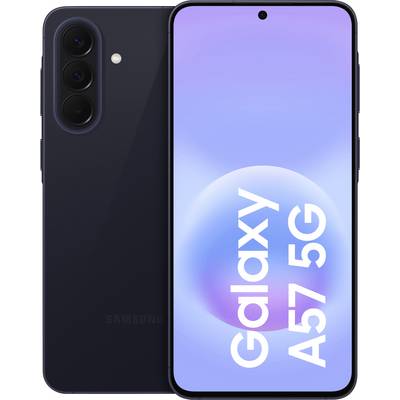 Prednji in zadnji pogled črnega pametnega telefona Samsung Galaxy A57 5G, ki prikazuje trojno zadnje kamero in zaslon z imenom modela.