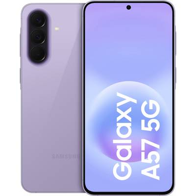 Pametni telefon Samsung Galaxy A57 5G prikazan od spredaj in od zadaj v barvi sivke, s trojno zadnjimi kamerami in zaslonom s luknjo, na katerem piše »Galaxy A57 5G«.
