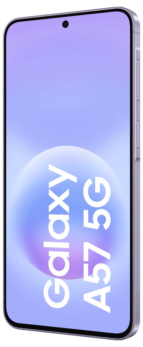 Sprednji pogled pametnega telefona Samsung Galaxy A57 5G z modro-vijoličnim gradientnim zaslonom, ki prikazuje logotip "Galaxy A57 5G".