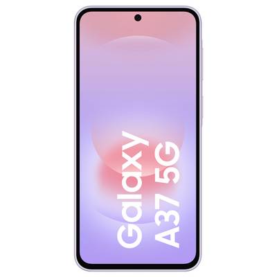 Pametni telefon Samsung Galaxy A37 5G prikazan od spredaj z vijoličasto-rožnatim gradientnim zaslenom in osrednjim kamero v luknji, ki prikazuje besedilo 'Galaxy A37 5G'.