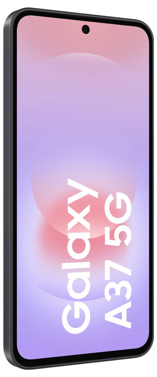 Črni pametni telefon, prikazan pod kotom, s prispodobo zaslona od rožnate do vijolične barve, na kateri je prikazan napis "Galaxy A37 5G".