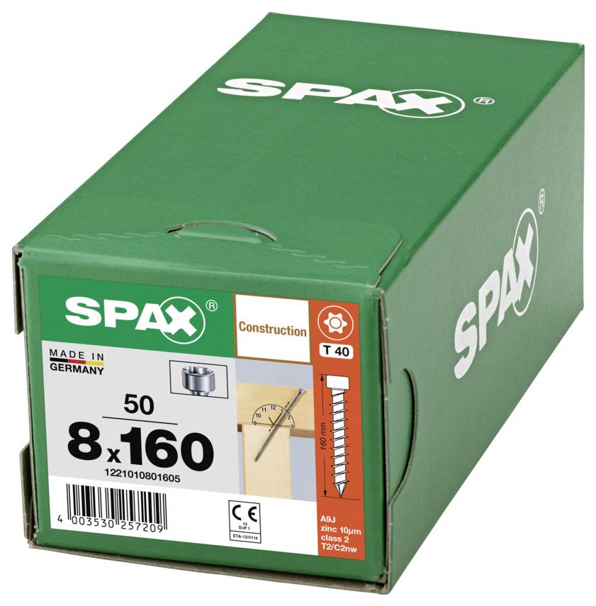 Zelena škatla konstrukcijskih vijakov SPAX z oznako '8x160' s 50 kosi, 'Made in Germany' in pogon T40 Torx.