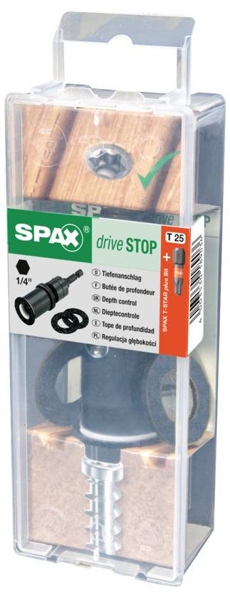 Embalaža za SPAX drive STOP T25 lesni vijak s črno ilustracijo vijaka in zeleno kljukico v prozorni plastični škatli.