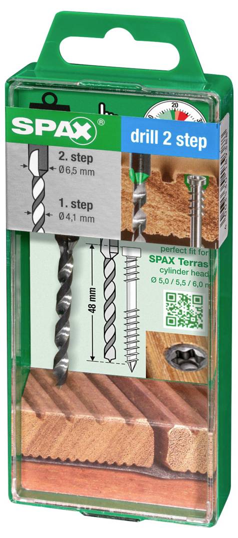 Zeleni paket SPAX vrtanja v 2 korakih, ki prikazuje svedri in vijak za les, z oznakama za 2-stopenjsko vrtanje in podrobnostmi o velikosti.