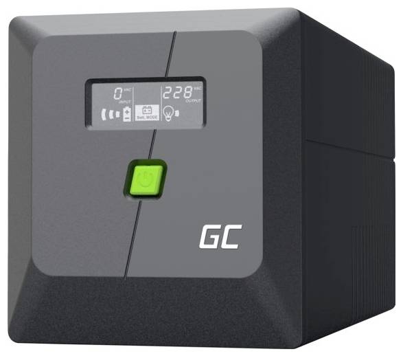 Črna baterijska varnostna naprava UPS (Black GC) s majhnim LCD zaslonom, ki prikazuje stanje, in zelenem gumbom za vklop na sprednji strani
