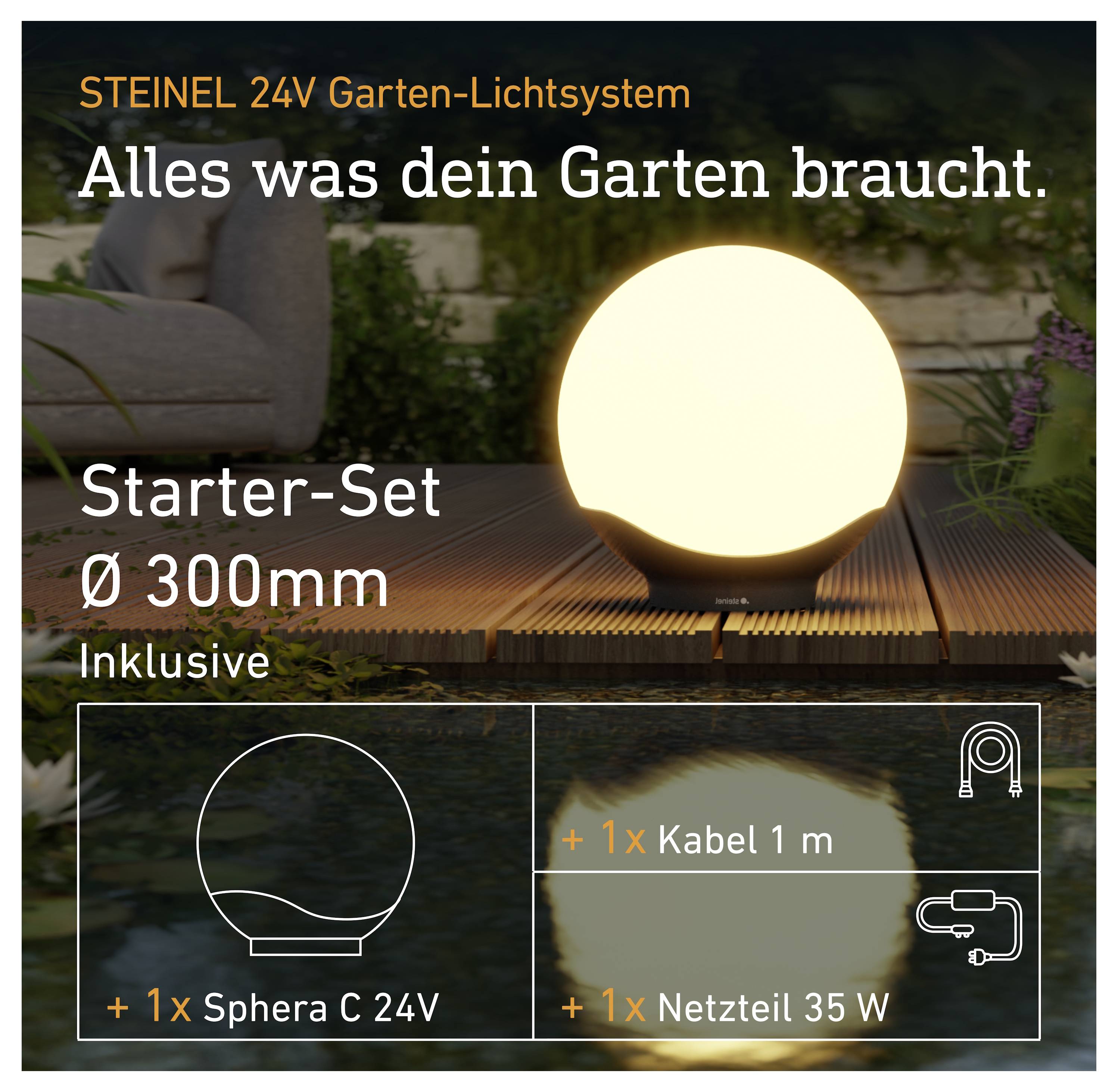 STEINEL 24V set za vrtno razsvetljavo s svetlečo 300 mm Sphera C24V lučjo, vključno z 1 m kablom in 35 W napajalnim virom.