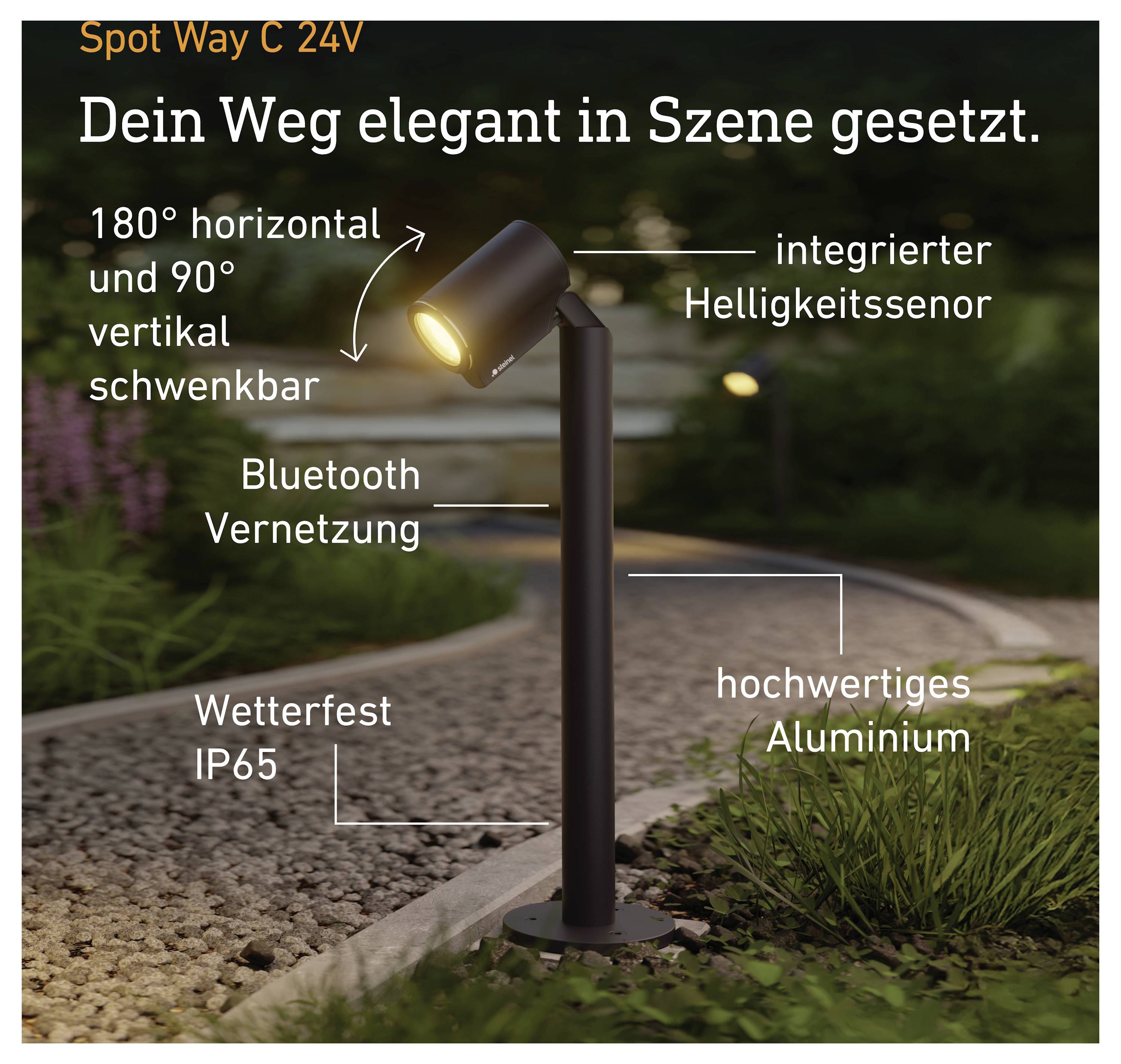 Spot Way C 24V svetilka za vrtno pot z nastavljivo glavo; ima integrirani senzor svetlosti, Bluetooth povezljivost, neprepustnost IP65 in alu­minijasto ohišje.