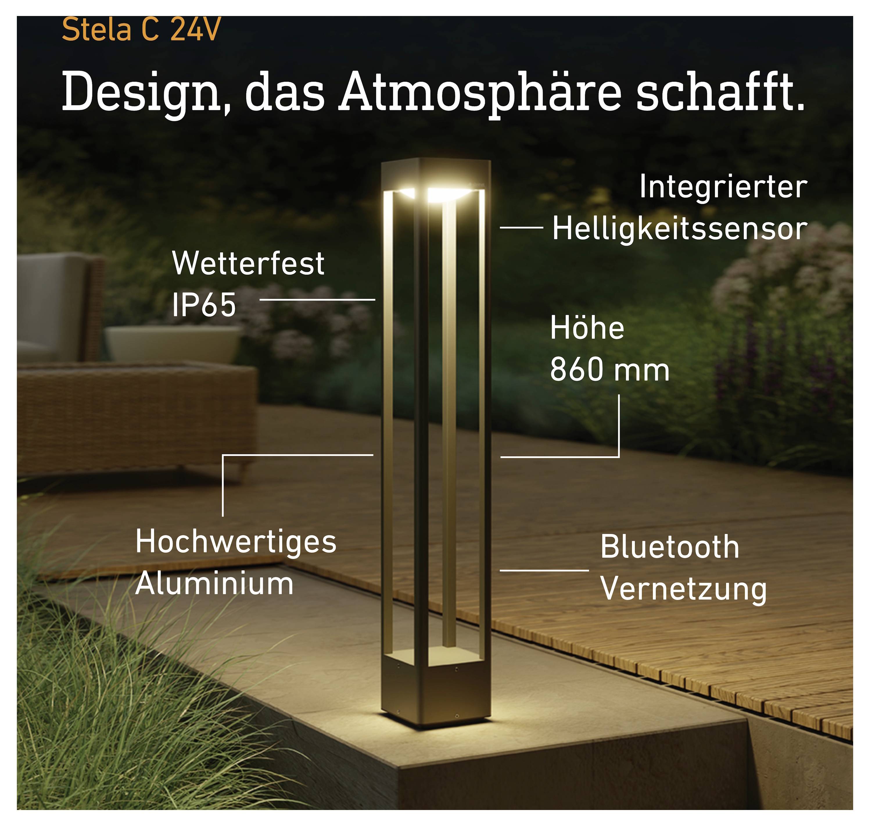 Zunanja svetilka Stela C 24V z vgrajenim senzorjem svetlosti, zaščito IP65 proti vremenskim vplivom, aluminijasto konstrukcijo, višino 860 mm in Bluetooth omrežjem.