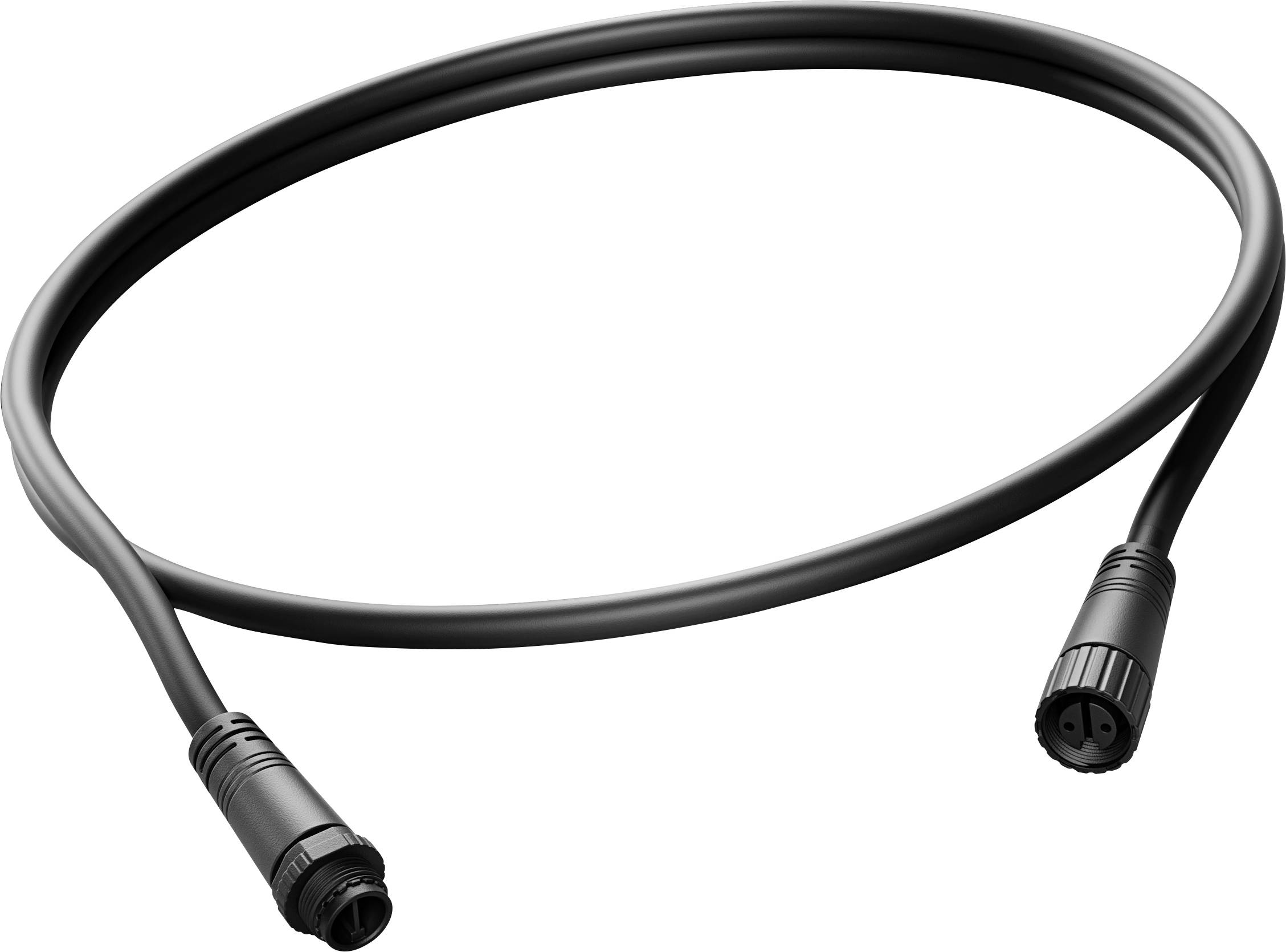 Črn navit kabel s kroglastimi priključki na obeh koncih, prikazan na belem ozadju.