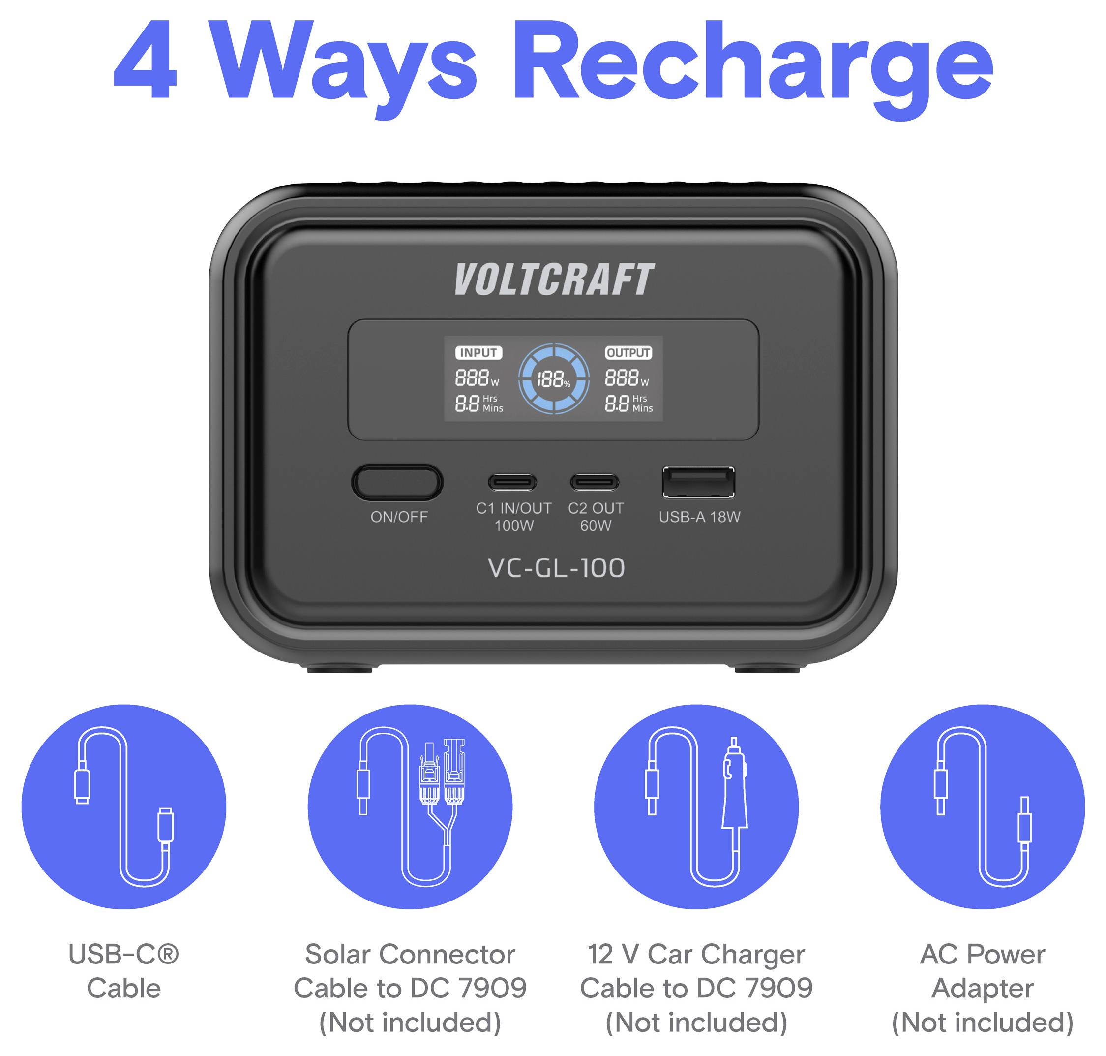 Voltcraft VC-GL-100 prenosna elektrarna s »4 načini polnjenja«: kabel USB-C, kabel solarnega priključka, polnilnik 12 V za avtomobil ali AC adapter.