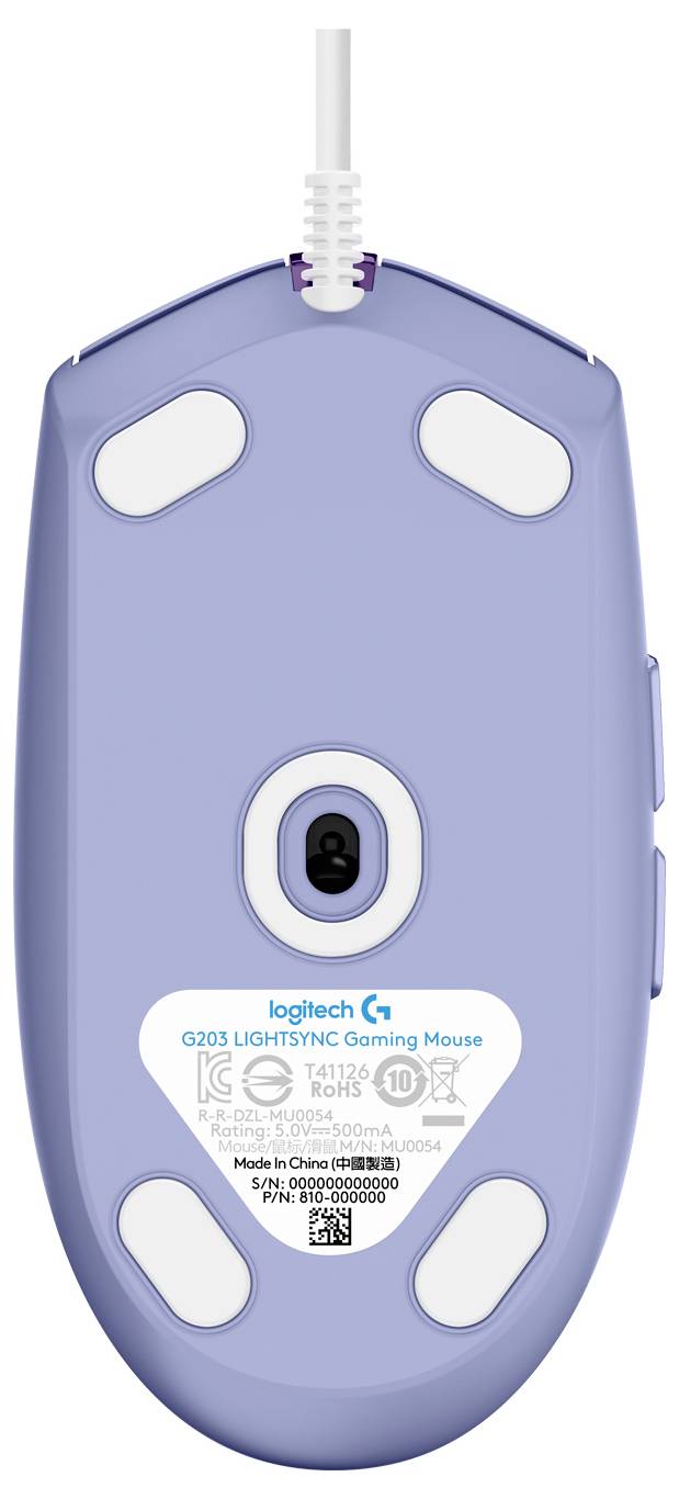 Pogled od spodaj na Logitech G203 Lightsync gaming miško, ki prikazuje senzor, drsne ploščice in izhod USB kabla na vrhu.