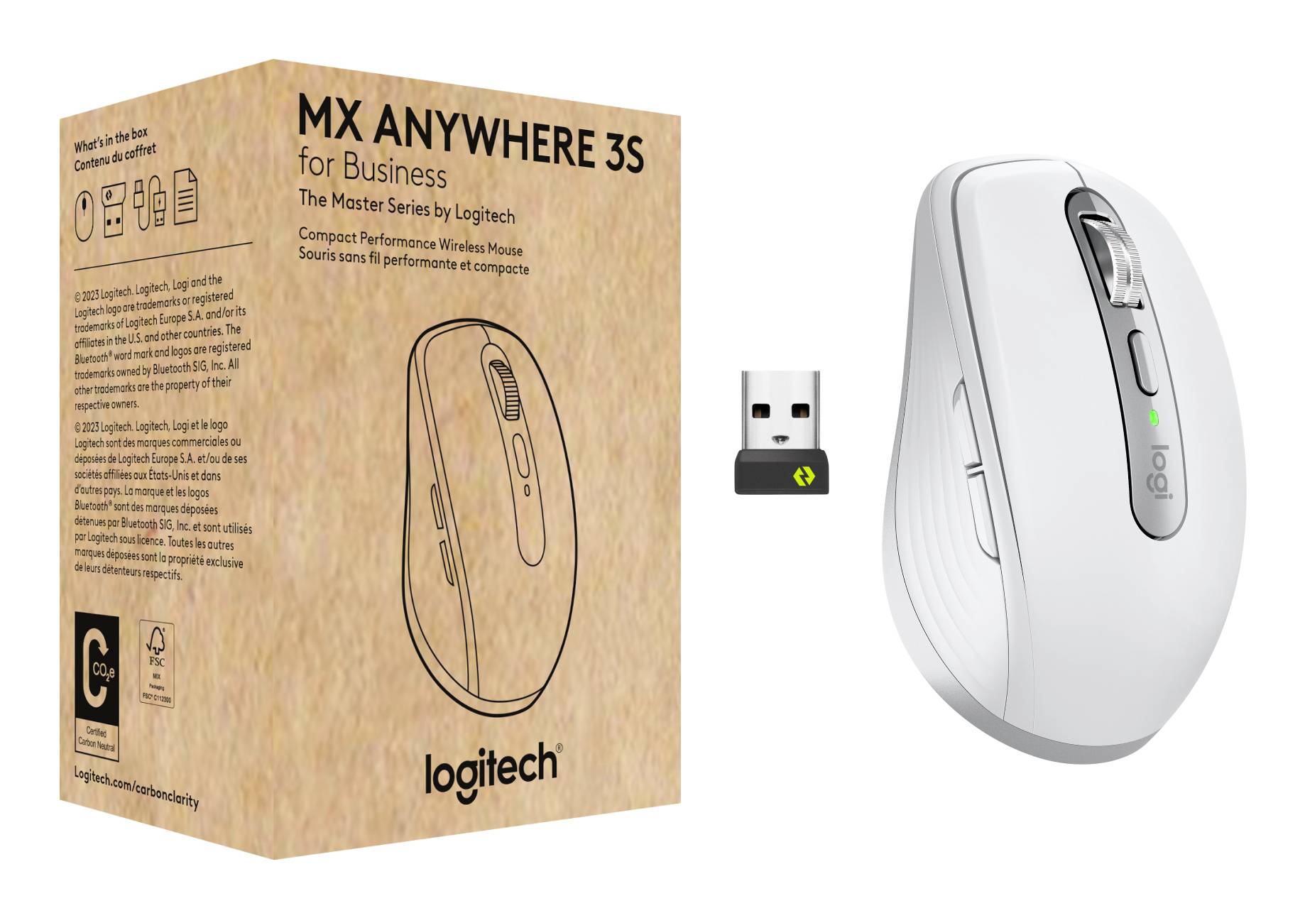 Brezžična miška Logitech MX Anywhere 3S, prikazana s škatlo in USB sprejemnikom, ki poudarja proizvod in priloženi dongle.