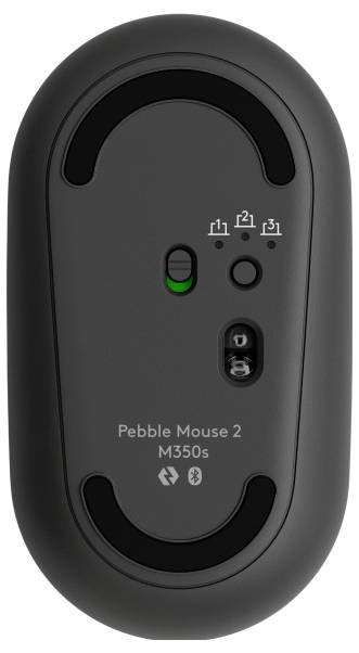 Spodnji pogled miške Logitech Pebble Mouse 2 M350s, ki prikazuje stikalo za napajanje, gumb za seznanjenje in simbole Bluetooth/povezave.