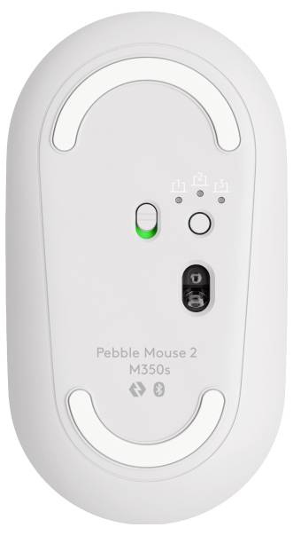 Spodnja stran bele brezžične miške Pebble Mouse 2 M350s z odklopnikom napajanja in vključenim senzorjem,plus Bluetooth gumbom in indikatorskimi lučkami seznanjanja.