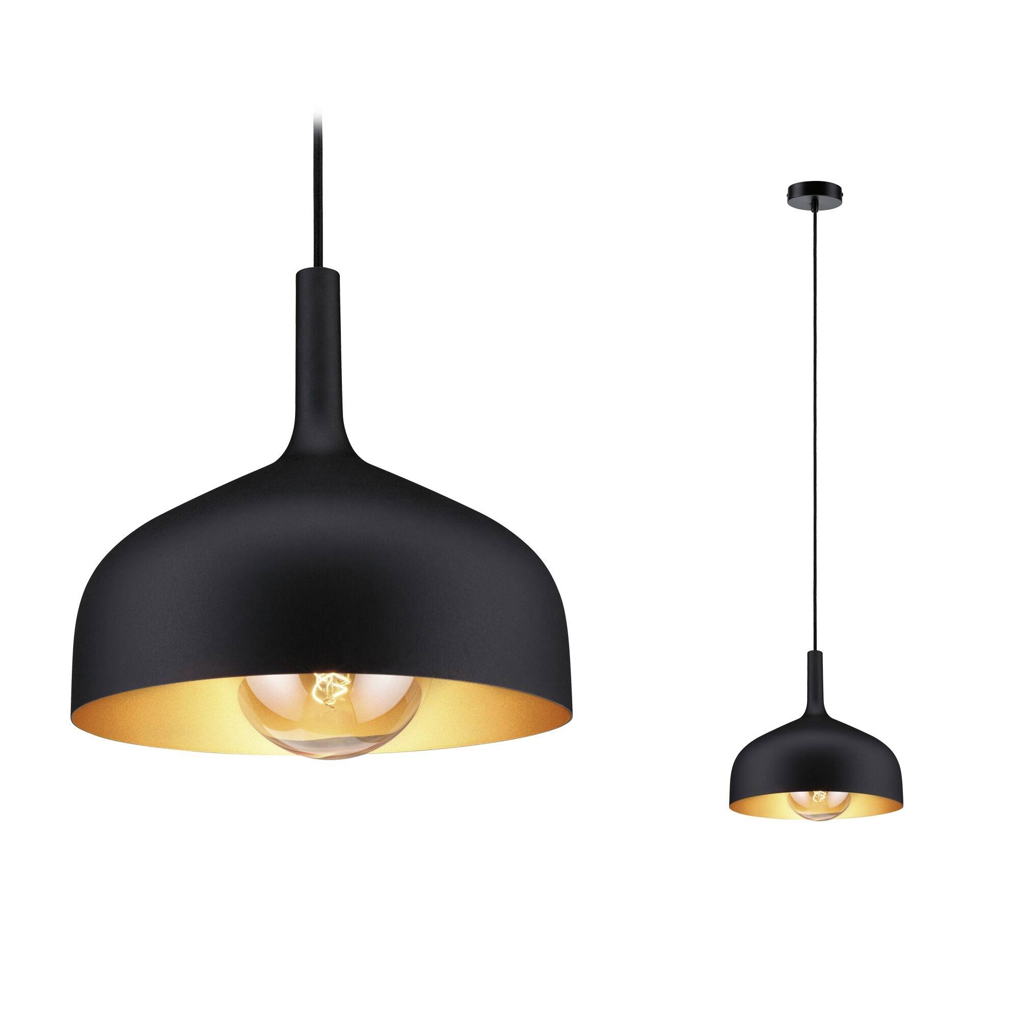 Črna kupolasta viseča svetilka s toplim sevečim žarnico, prikazana v dveh velikostih: detaljnega prikaza in manjšega prikaza viseče svetilke.