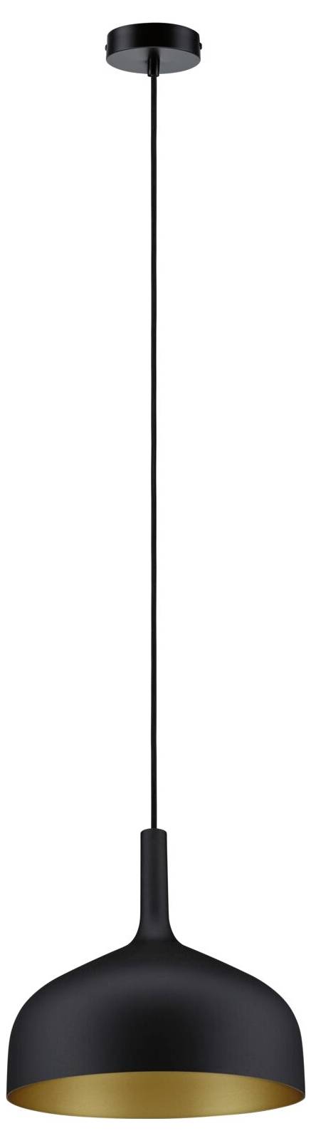 Črna obesna svetilka s kupolo sence in zlato notranjostjo, obešena na dolgi vrvi na belem ozadju.