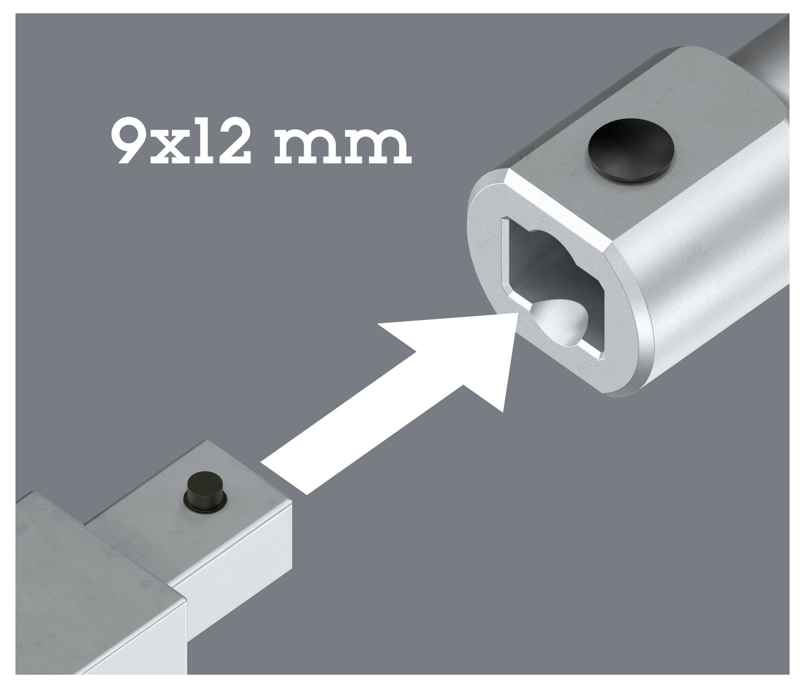 Diagram prikazuje 9x12 mm kovinskega konektorja, ki se vstavi v ustrezno vtičnico, kar je označeno z veliko puščico.