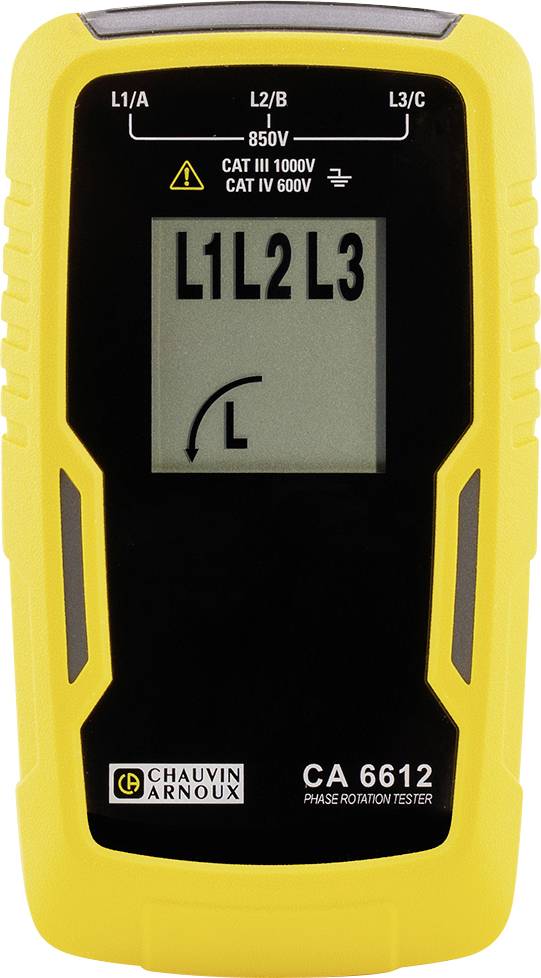 Rumeni Chauvin Arnoux CA 6612 testnik rotacije faze z velikim "L1L2L3" in puščico z "L" na svojem zaslonu.