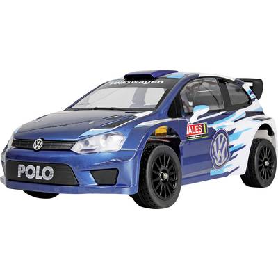 Modra dirkaška Volkswagen Polo z napisom 'POLO' na sprednji strani, belo-modra dirkaška grafika, prikazana na nevtralnem ozadju.