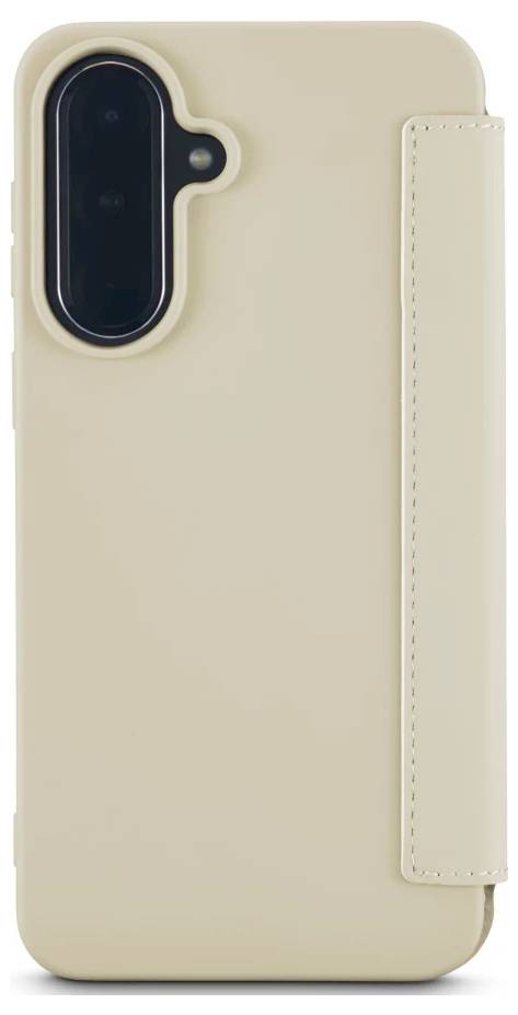 Beige-ov etui za telefon z navpičnim izrezom za kamero in imetalom za naramnico na enostavnem belem ozadju.