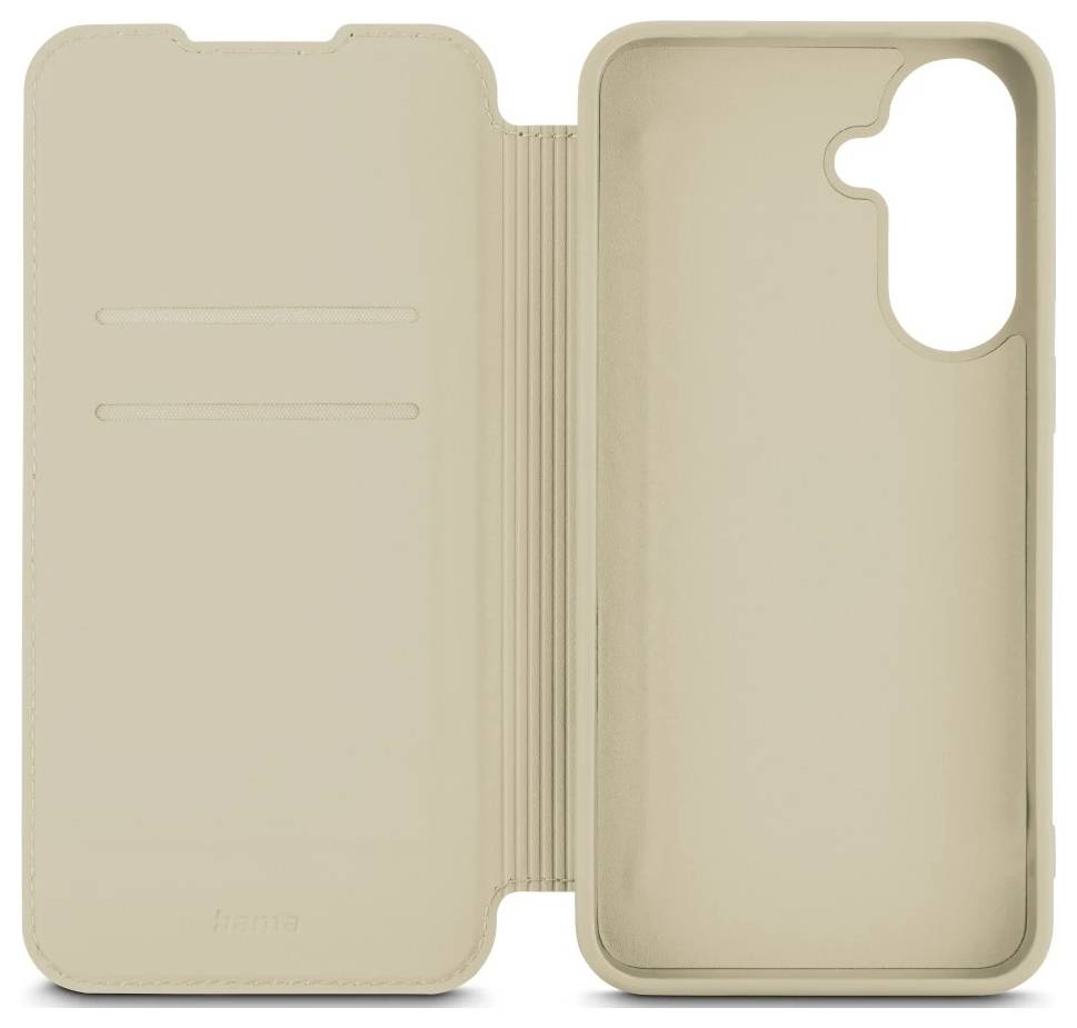 Beige etui v slogu folija za pametni telefon s prostori za kartice na levi strani in izrezom za kamero na desni strani, prikazano odprto.