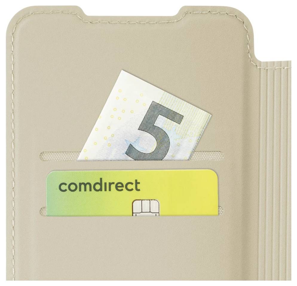 Beige denarnica s kartico Comdirect in prepognjem banknotom za 5 evrov, ki je delno vidna v režah za kartice.