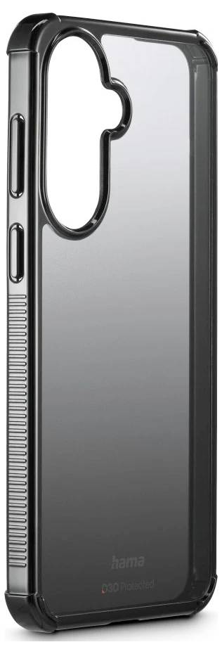 Črna zaščitna etui za pametni telefon s prozornim hrbtom, dvignjenim izrezom za kamero in teksturirano priseskom na straneh, prikazana na belem ozadju.