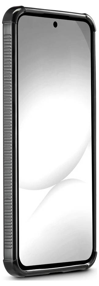 Črna silikonska zaščita za pametni telefon s prozorno sprednjo pokrovko, prikazana pokončno na belem ozadju.