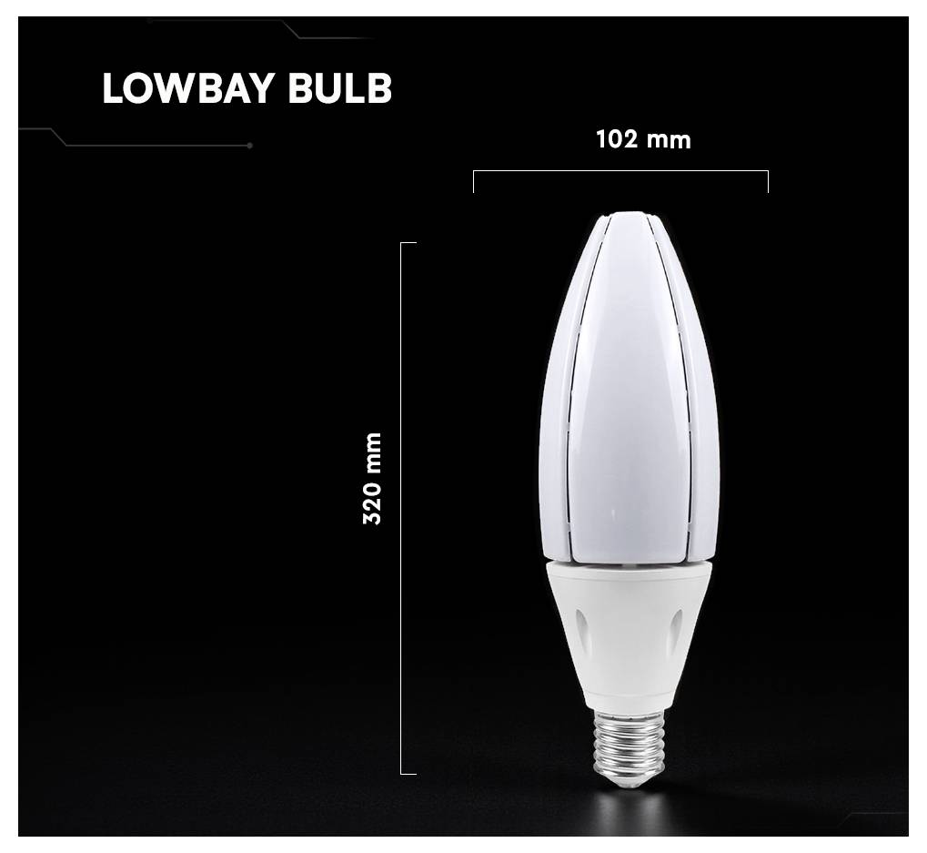 Slika izdelka Lowbay žarnice, ki prikazuje belo LED žarnico z oznako »LOWBAY BULB« z dimenzijami 320 mm visoke in 102 mm široke.