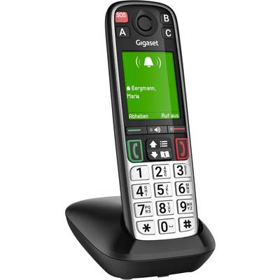 Brezžični telefon Gigaset na polnilni postaji, prikazuje zaslon dohodnega klica za Bergmann, Maria z gumbom za prevzem in zavrnitev klica.