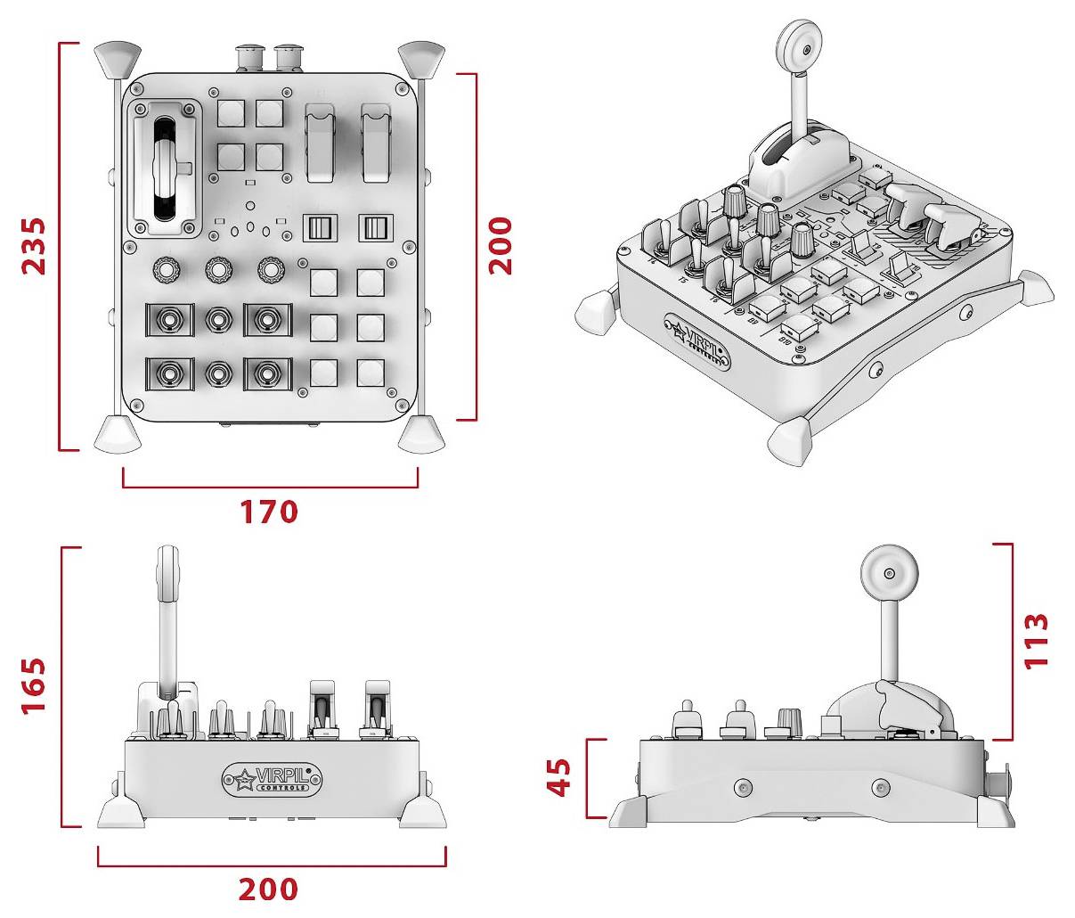 Tehnična ilustracija majhne naprave control plošče, prikazane iz štirih vidikov, z dimenzijami označenimi v rdeči barvi: 235, 200, 170, 165, 113 in 45 mm.