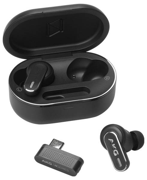 Črne brezžične slušalke v odprti polnilni torbici z USB-C adapterjem in eno slušalko prikazano ločeno na beli podlagi.