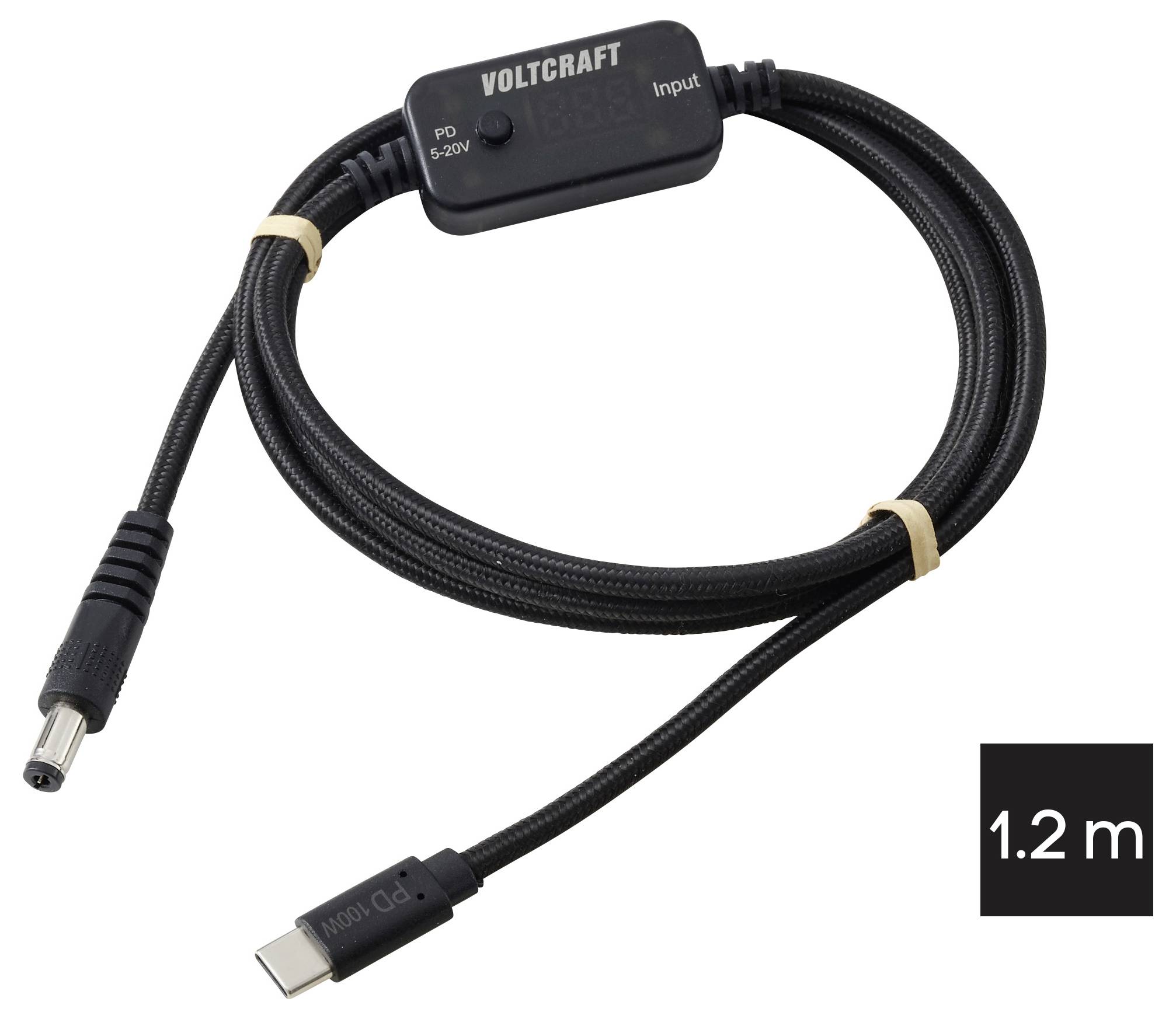 1,2 m VOLTCRAFT USB-C polnilni kabel z vgrajenim PD 5-20V modulom in cilindrično priključno vtičnico na belem ozadju.
